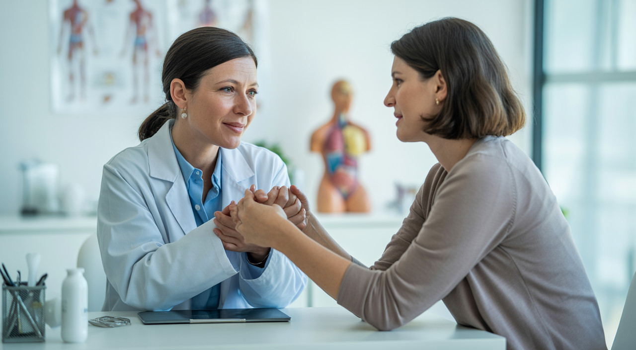IVF doctor consulting with a woman in her 40s in a modern clinic, conveying specialised fertility care in San Diego