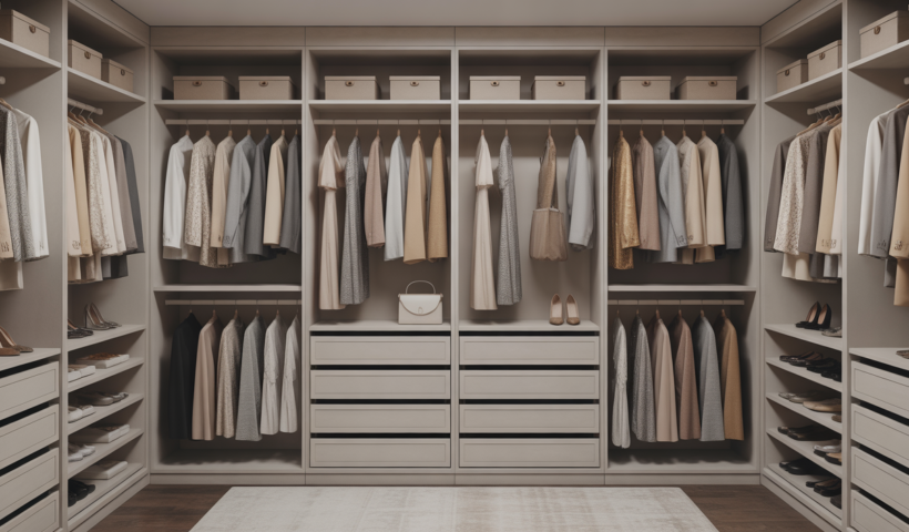 Luxurious and meticulously organized walk-in wardrobe with elegant clothing and accessories, custom shelving, and cinematic lighting on a neutral background.