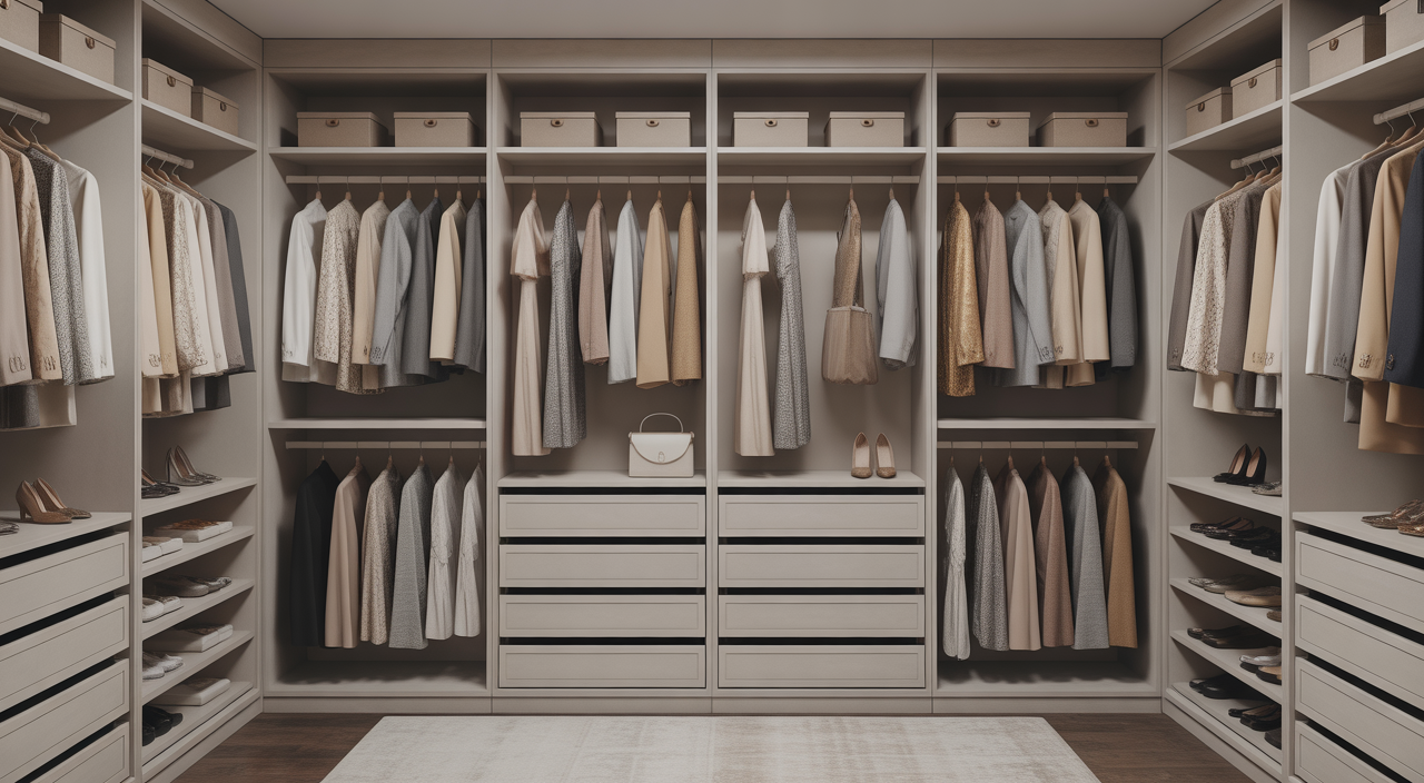 Luxurious and meticulously organized walk-in wardrobe with elegant clothing and accessories, custom shelving, and cinematic lighting on a neutral background.