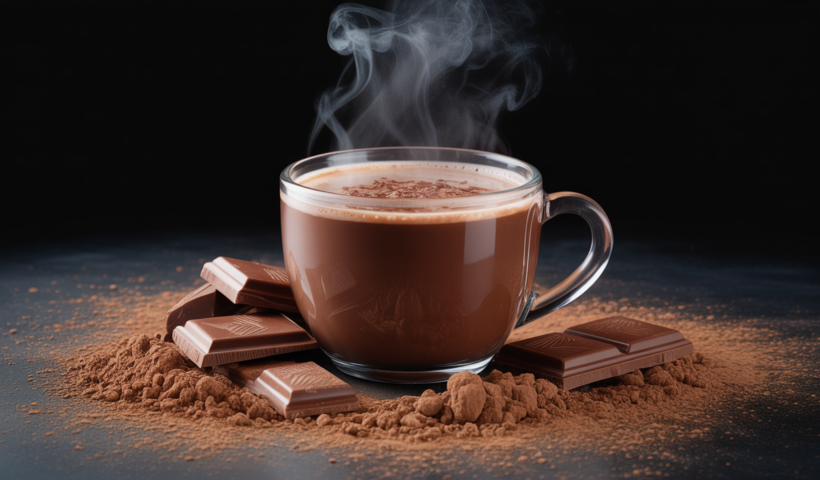 Steaming cup of rich hot cocoa surrounded by cocoa powder and chocolate pieces on a clean white background