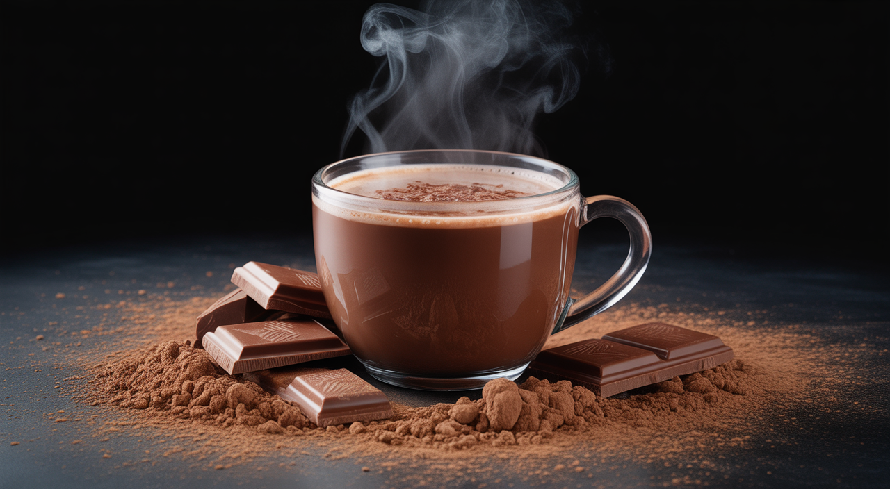 Steaming cup of rich hot cocoa surrounded by cocoa powder and chocolate pieces on a clean white background