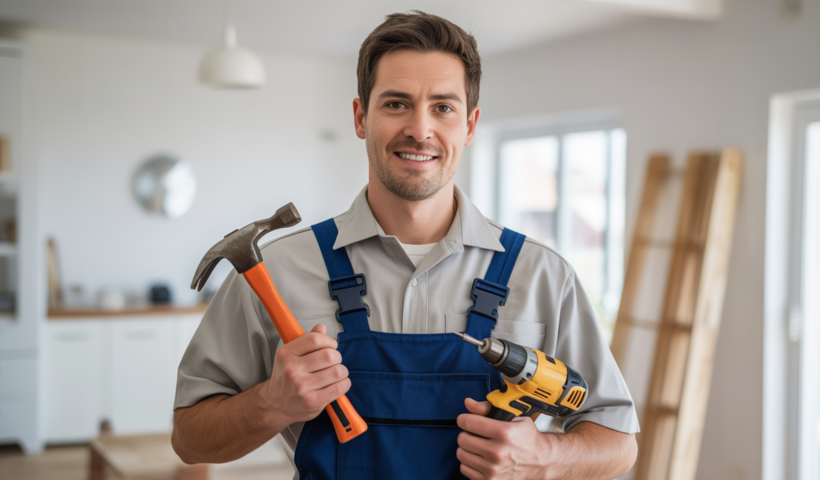 Professional photo of a friendly handyman holding tools in a bright residential setting with a white background