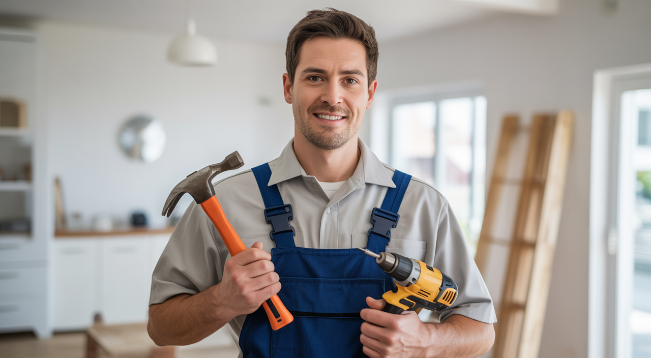 Professional photo of a friendly handyman holding tools in a bright residential setting with a white background