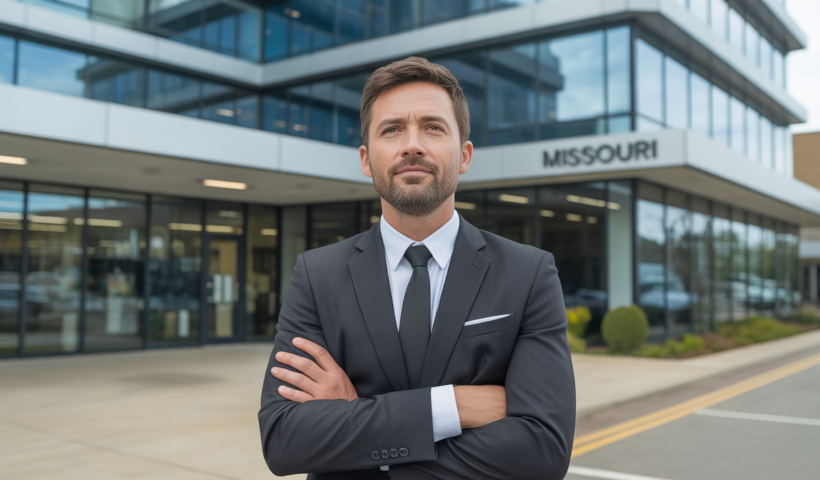 Confident business owner standing in front of a modern commercial building in Missouri representing choosing a commercial insurance agency
