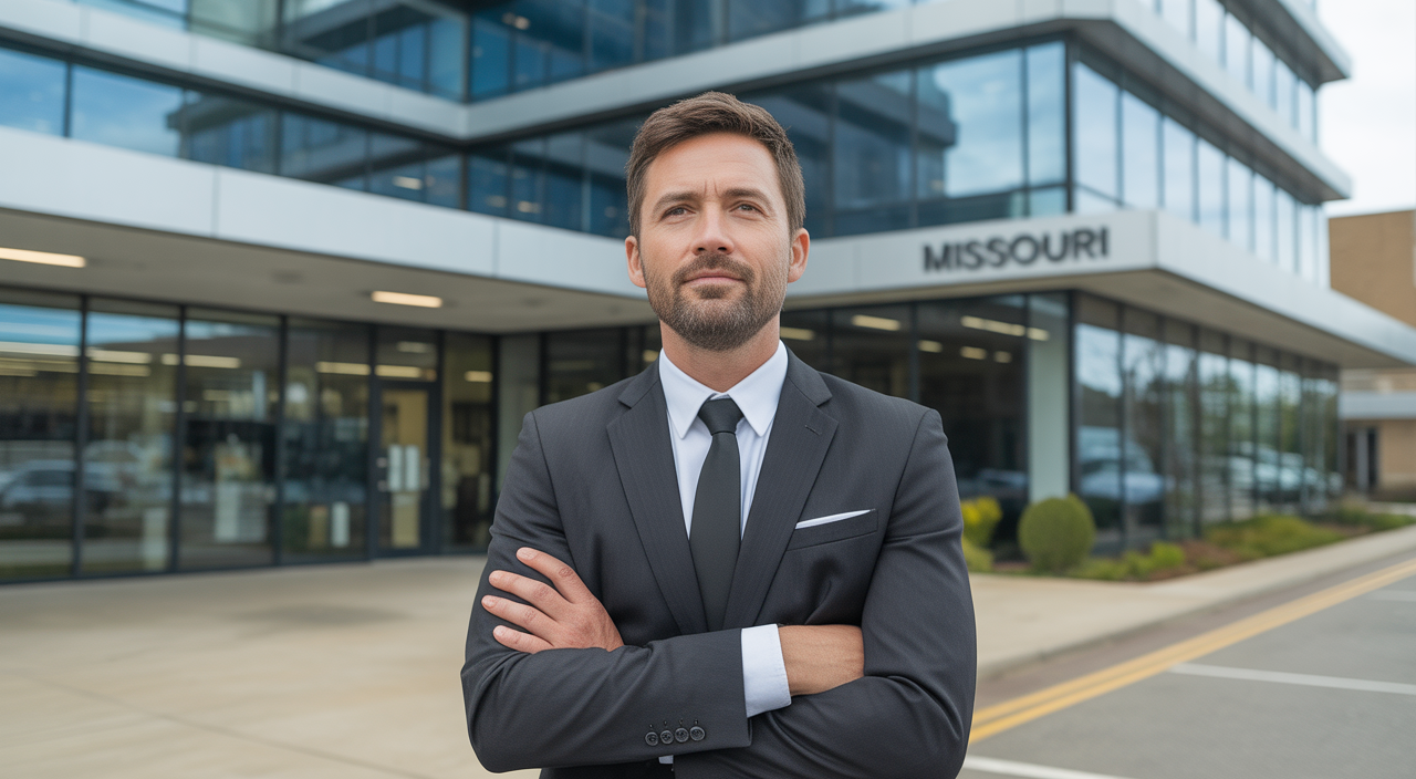 Confident business owner standing in front of a modern commercial building in Missouri representing choosing a commercial insurance agency