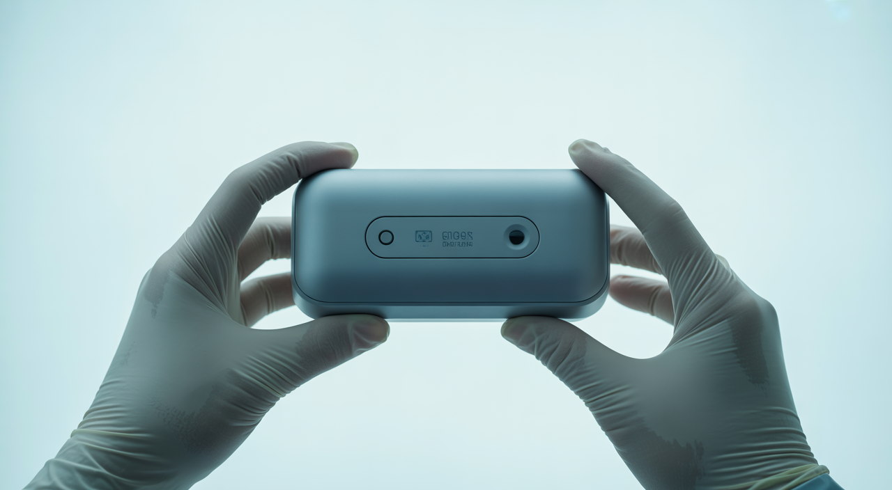 Hero image of a medical professional inspecting a modern medical device with gloved hands against a white background representing regulatory approval in India