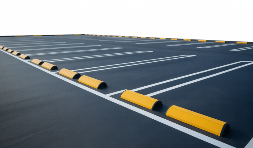 Photorealistic hero image of a commercial parking lot with fresh line-striping, wheel stops, and safety features on clean white background