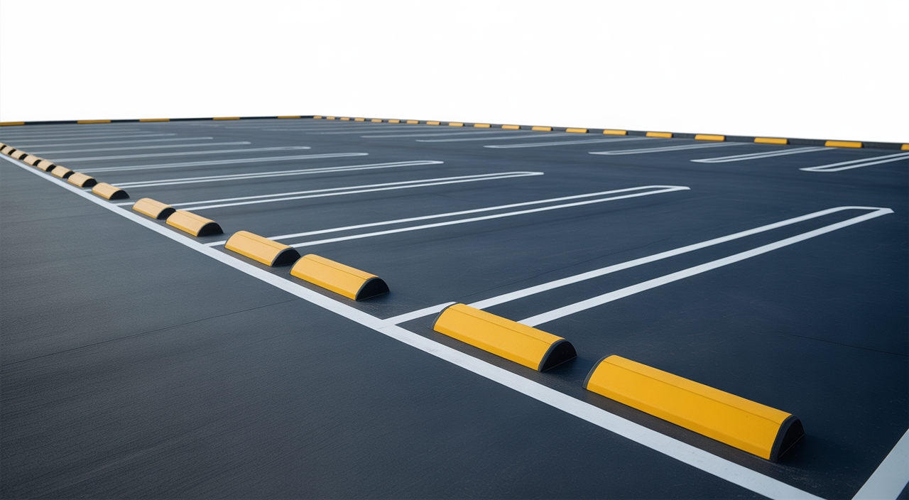 Photorealistic hero image of a commercial parking lot with fresh line-striping, wheel stops, and safety features on clean white background