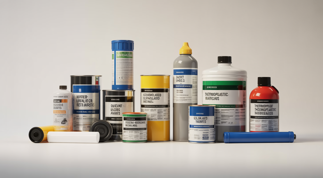 Parking lot supplies including line-striping paint, wheel stops, and safety signage neatly arranged for maintenance work.