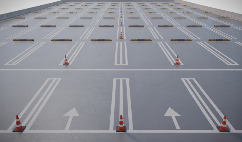 Photorealistic image of a modern, well-organized commercial parking lot showing clear lane markings, safety cones, speed bumps, and signage on a neutral background