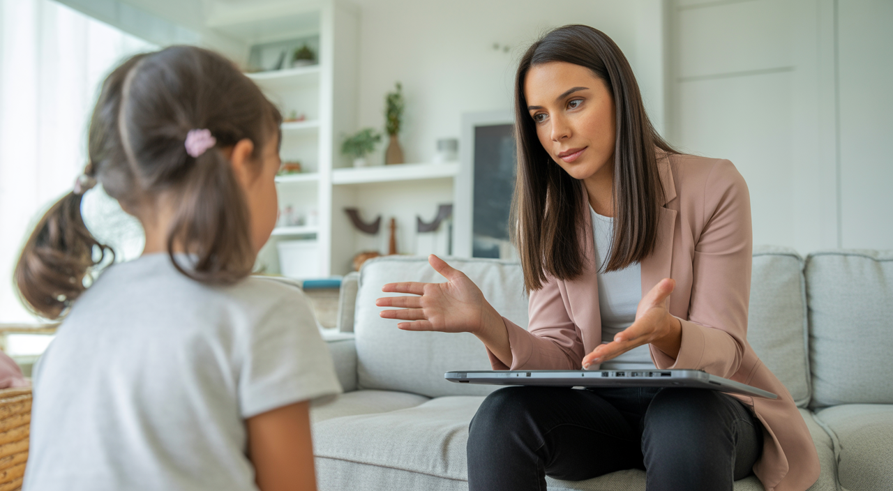 Photo of a licensed therapist engaging with a child through a telehealth video session in a bright, modern home environment