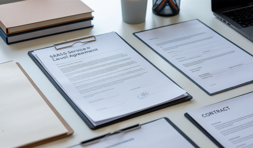 Close-up of a SaaS service level agreement and contract documents on a white background