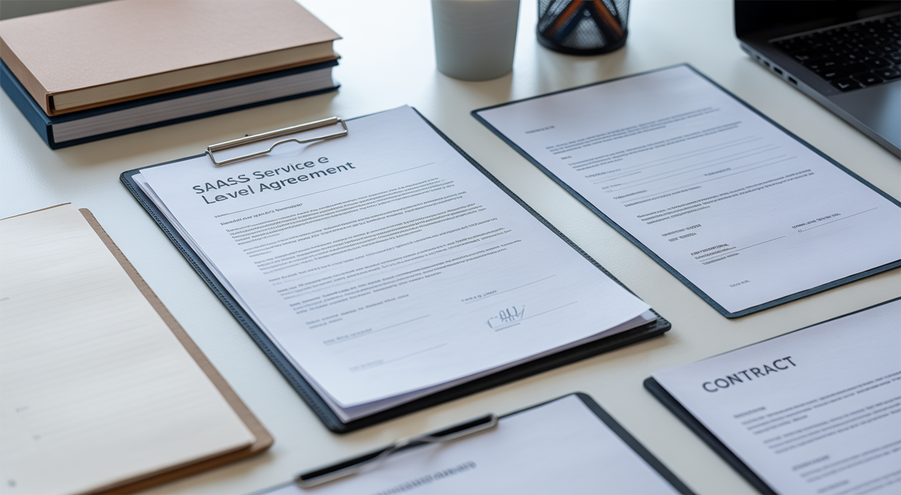 Close-up of a SaaS service level agreement and contract documents on a white background