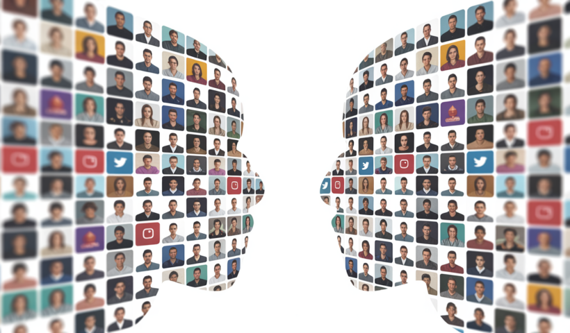 Photorealistic image showing comparison concept of real versus fake social media followers with profile icon graphics