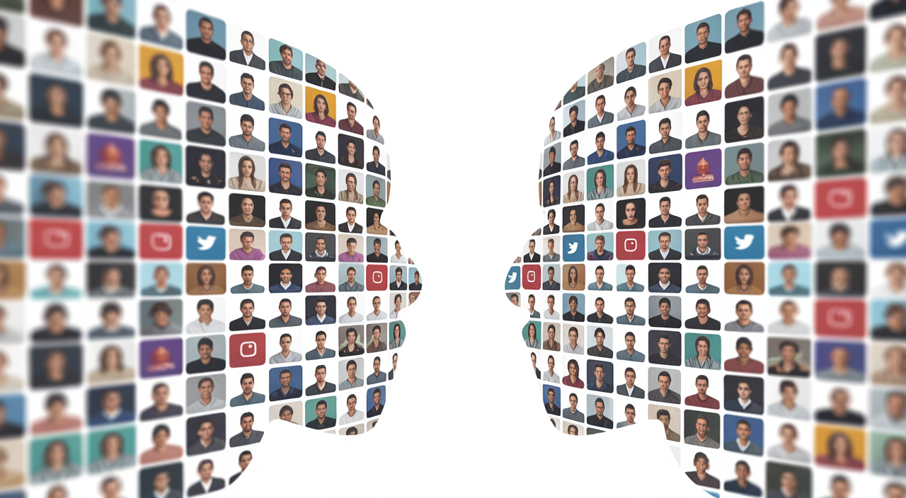 Photorealistic image showing comparison concept of real versus fake social media followers with profile icon graphics