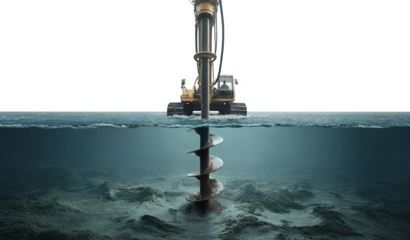 Photorealistic image of an auger dredge cutting sediment underwater, showcasing minimal water turbidity with a clean neutral background