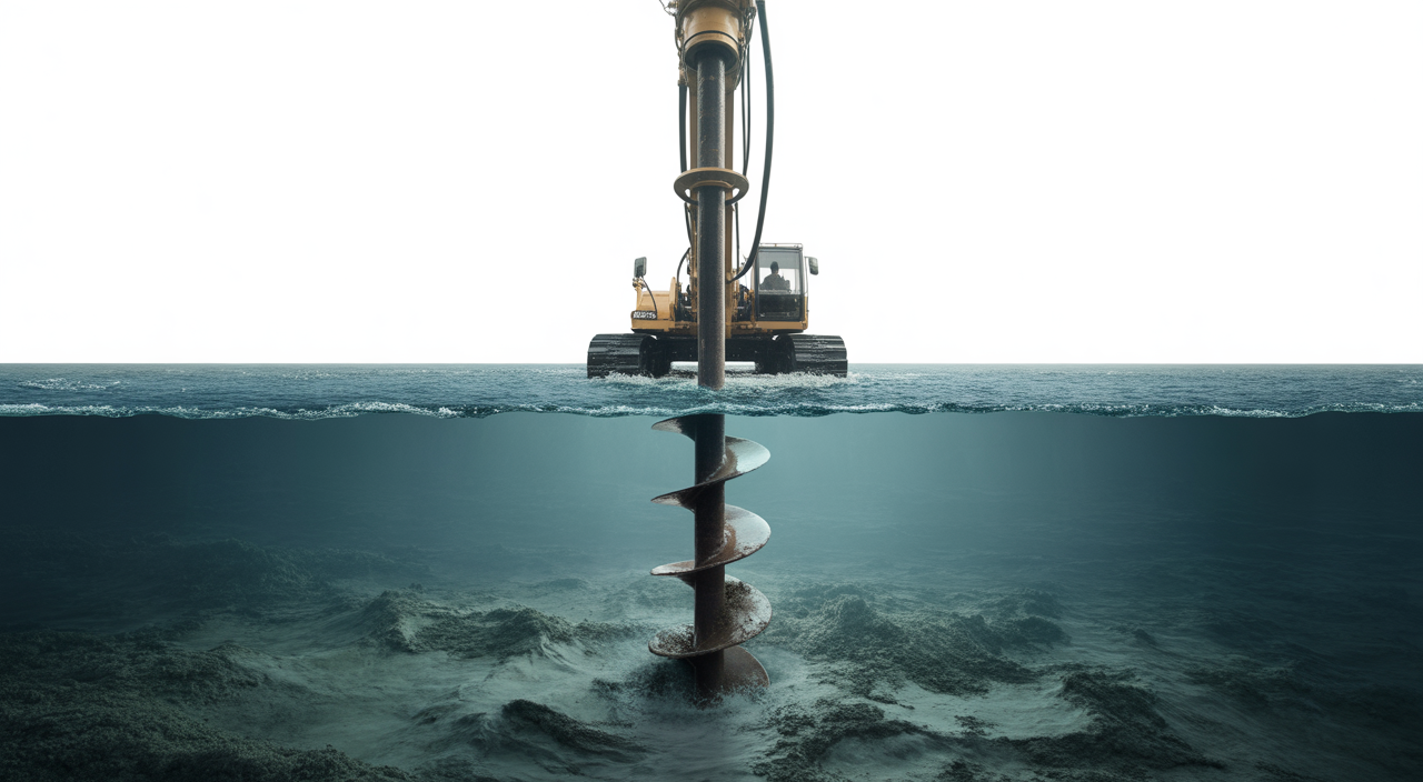 Photorealistic image of an auger dredge cutting sediment underwater, showcasing minimal water turbidity with a clean neutral background