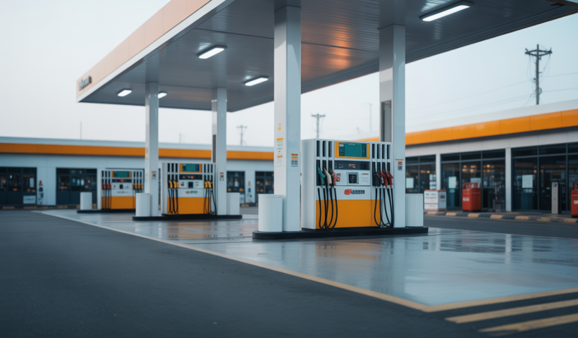 Photorealistic image of a modern Indian fuel station featuring fuel dispensers and vapor recovery system equipment