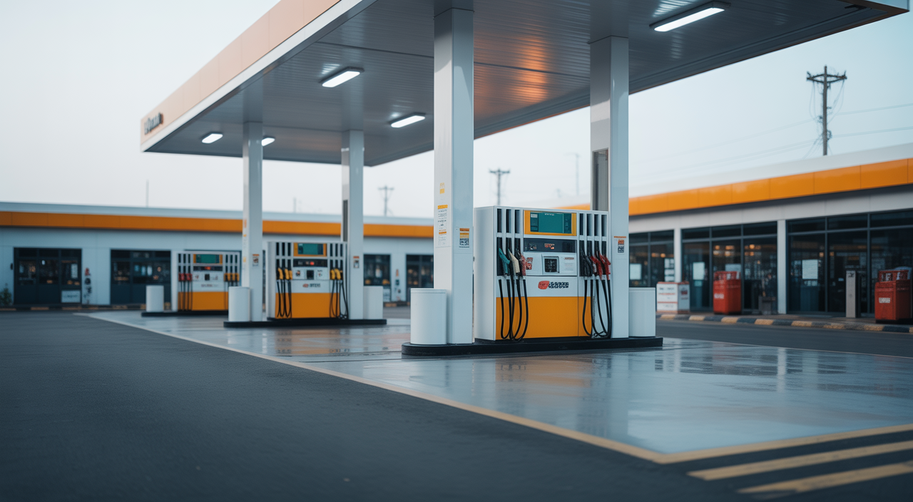 Photorealistic image of a modern Indian fuel station featuring fuel dispensers and vapor recovery system equipment